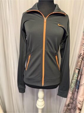 Nike Dri-FIT Full Zip Track Jacket Black Orange Swoosh Women’s M Athletic Y2K